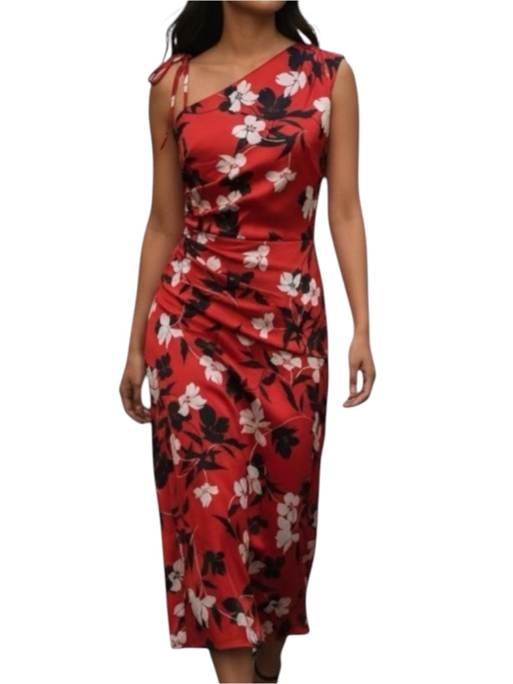 BCBGMaxAzria Red Black, and White Floral One Shoulder Midi Dress NWOT Size XS